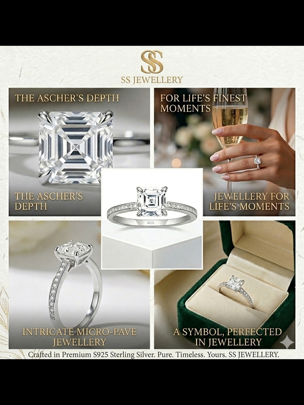 Silver Asscher-Cut Solitaire Ring with Micro-Pave Band